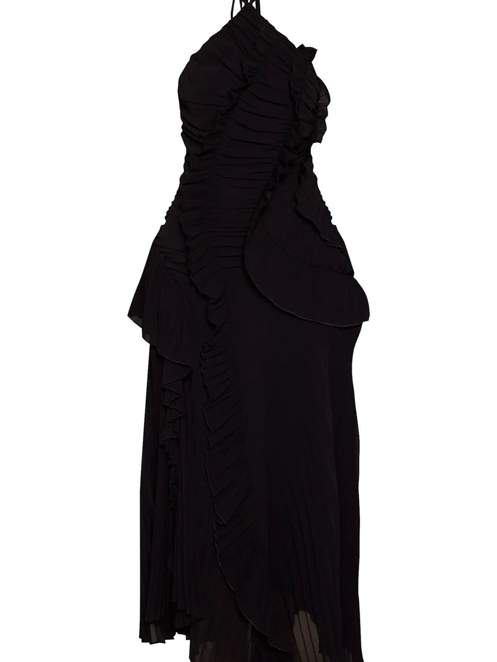 PrettyLittleThing PETITE BLACK HALTERNECK PLISSE RUFFLE DETAIL MAXI DRESS - Picture 5 of 5